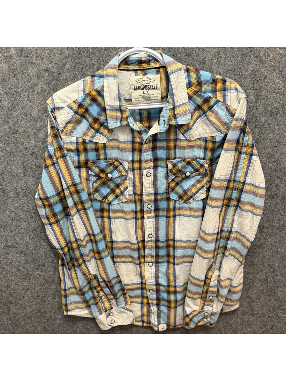 Aeropostale Mens Large Western Pearl Snap Shirt Plaid Blue Yellow Cotton L